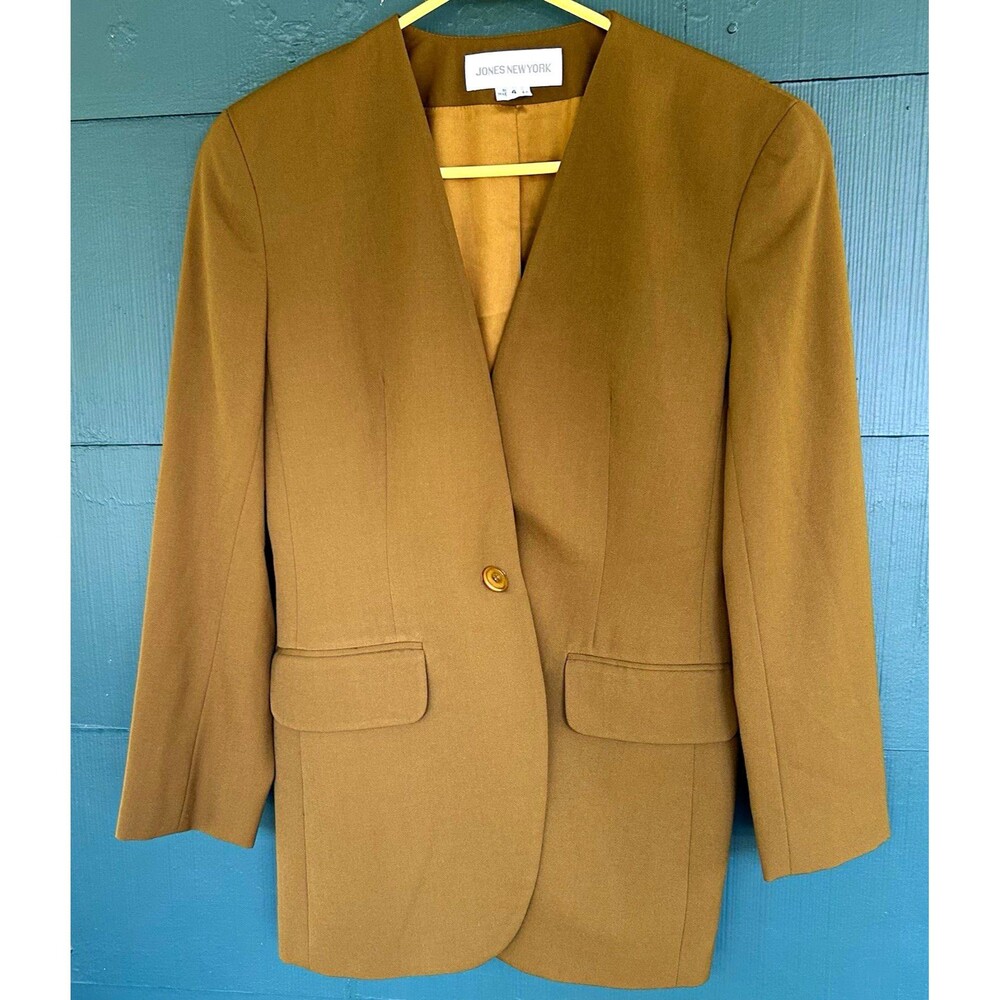 Vintage 90s Minimalist Jones New York 100% Wool Olive Drab Long Blazer Size 4